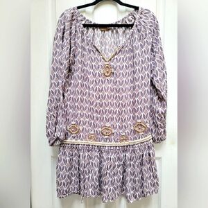Skemo Elegant Purple Beaded Patterned V-Neck Short Dress Size Medium